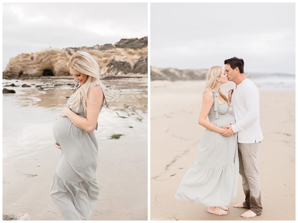 Couple shares a kiss on the sand in Newport Beach during their Maternity Session with Halleigh Hill | Newport Beach and Orange County Photographer
